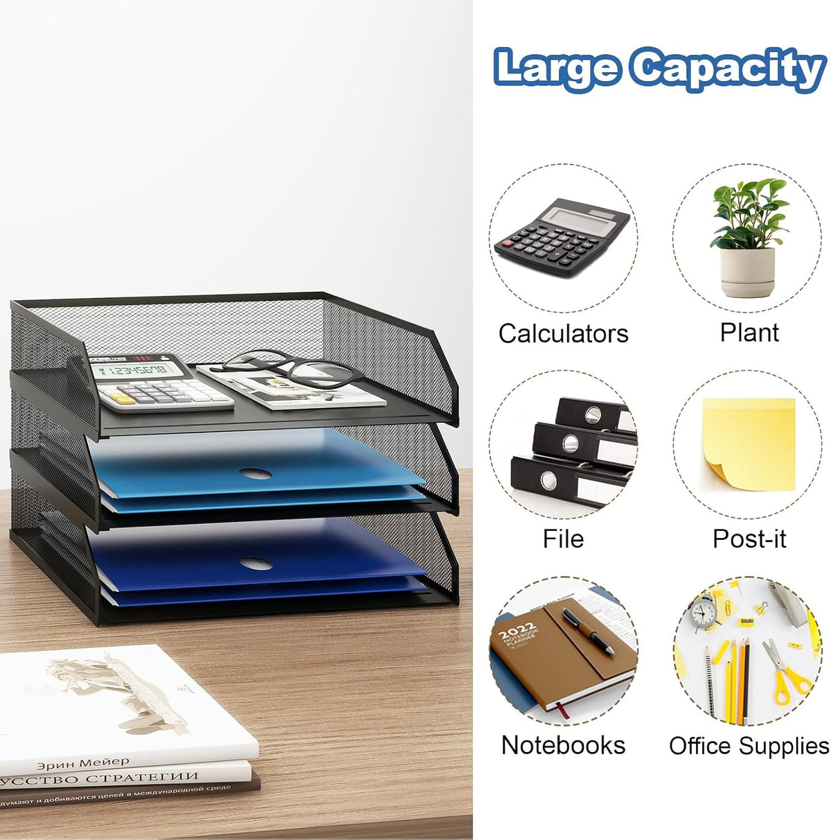 2-Tier Stackable Metal Mesh Paper Organizer with Sliding Tray,Black