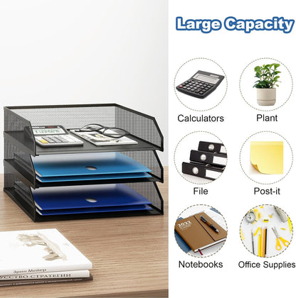 2-Tier Stackable Metal Mesh Paper Organizer with Sliding Tray,Black