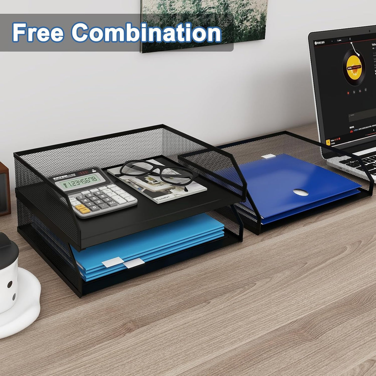 2-Tier Stackable Metal Mesh Paper Organizer with Sliding Tray,Black