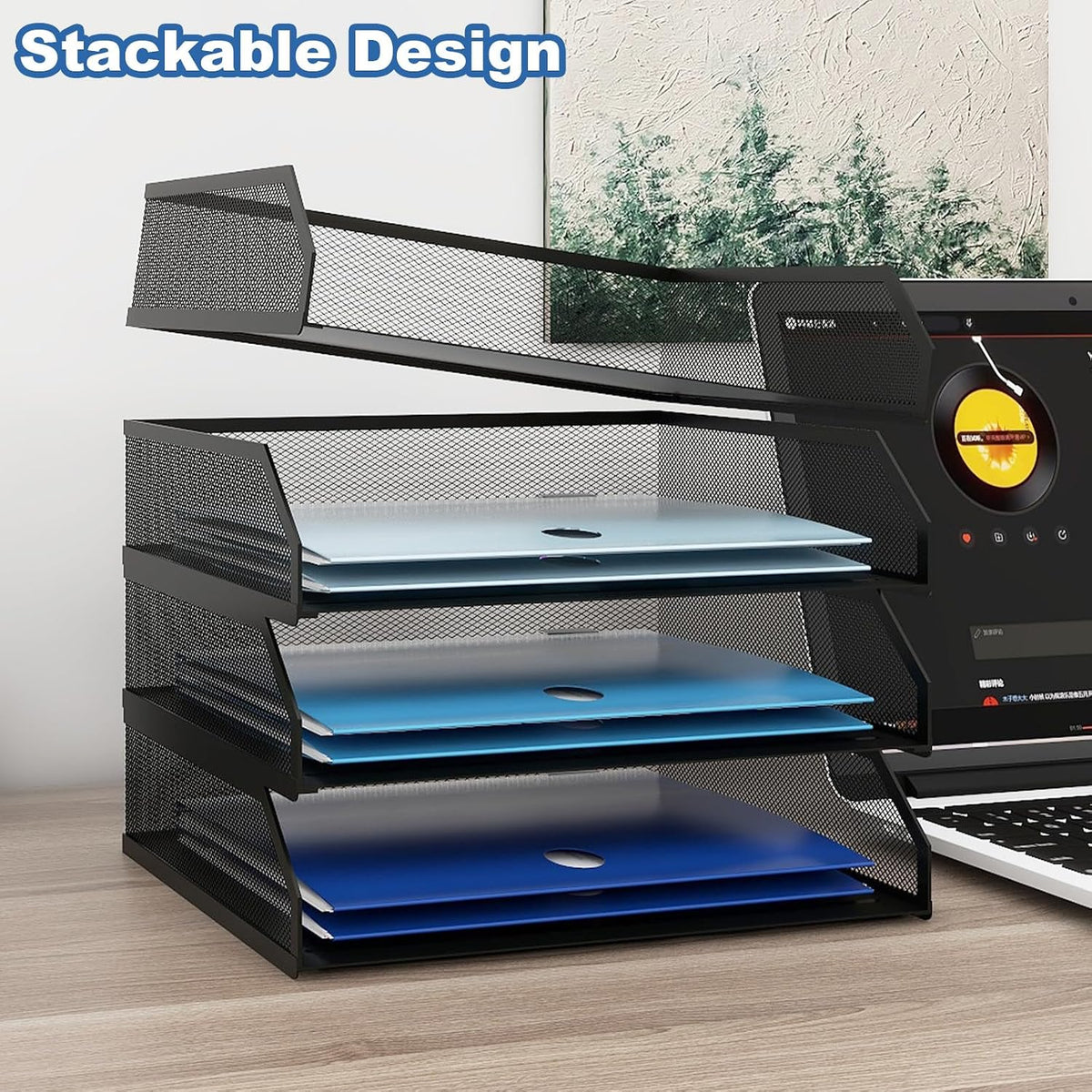 2-Tier Stackable Metal Mesh Paper Organizer with Sliding Tray,Black