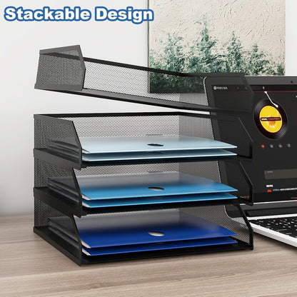 2-Tier Stackable Metal Mesh Paper Organizer with Sliding Tray,Black