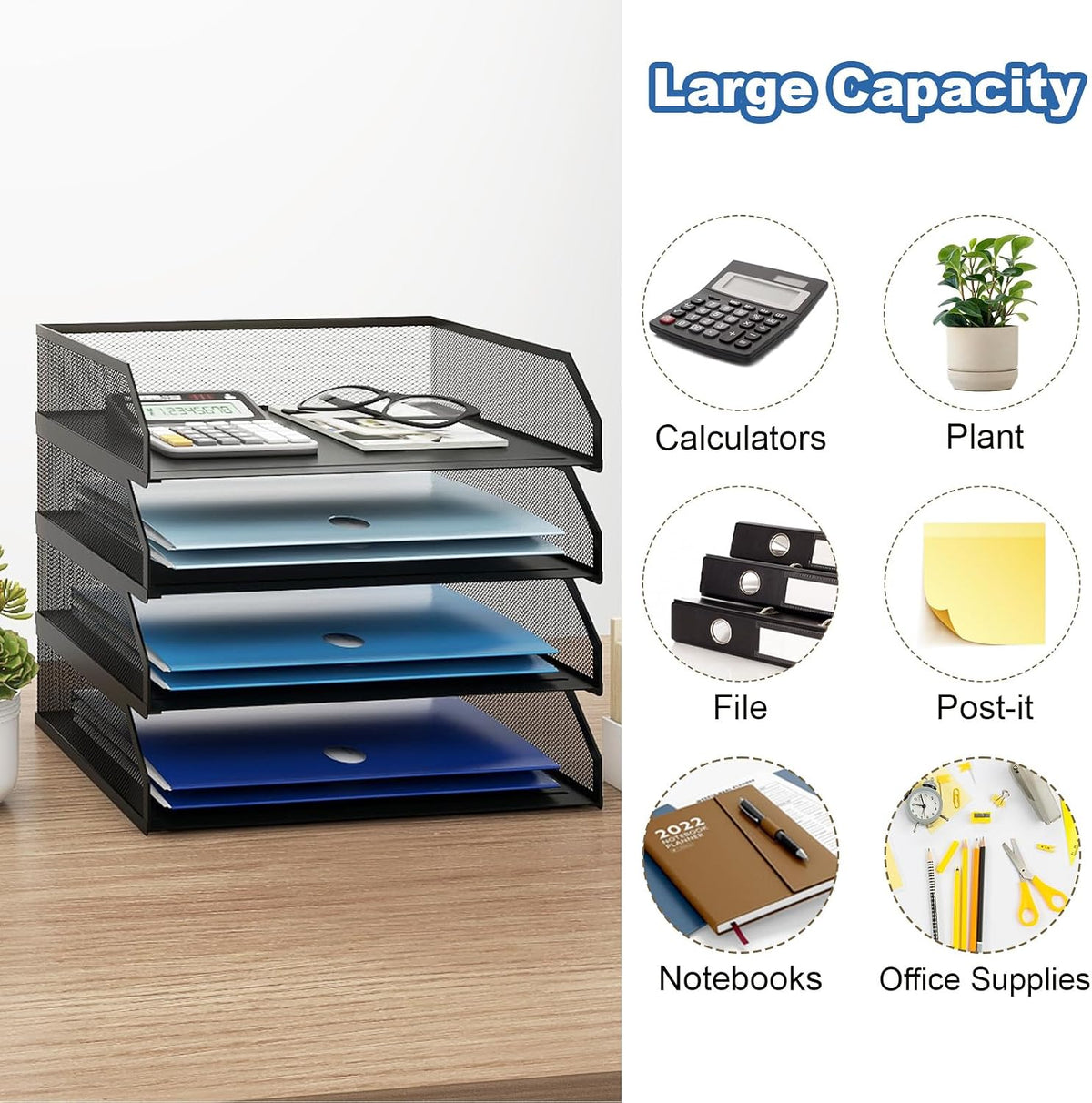 2-Tier Stackable Metal Mesh Paper Organizer with Sliding Tray,Black