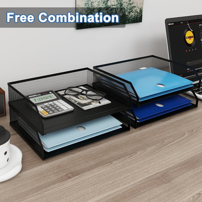 2-Tier Stackable Metal Mesh Paper Organizer with Sliding Tray,Black