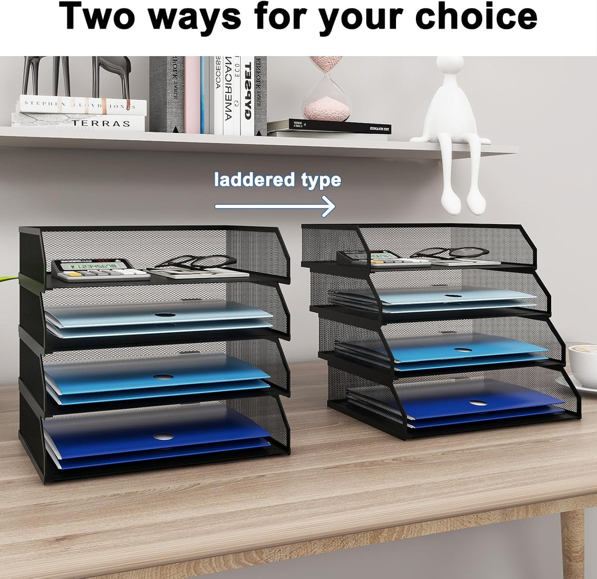 2-Tier Stackable Metal Mesh Paper Organizer with Sliding Tray,Black