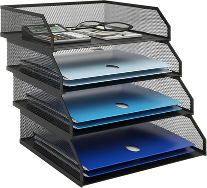 2-Tier Stackable Metal Mesh Paper Organizer with Sliding Tray,Black