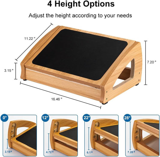 Wooden Under Desk Footrest, 4 Heights, 400 lb, Office Foot Rest