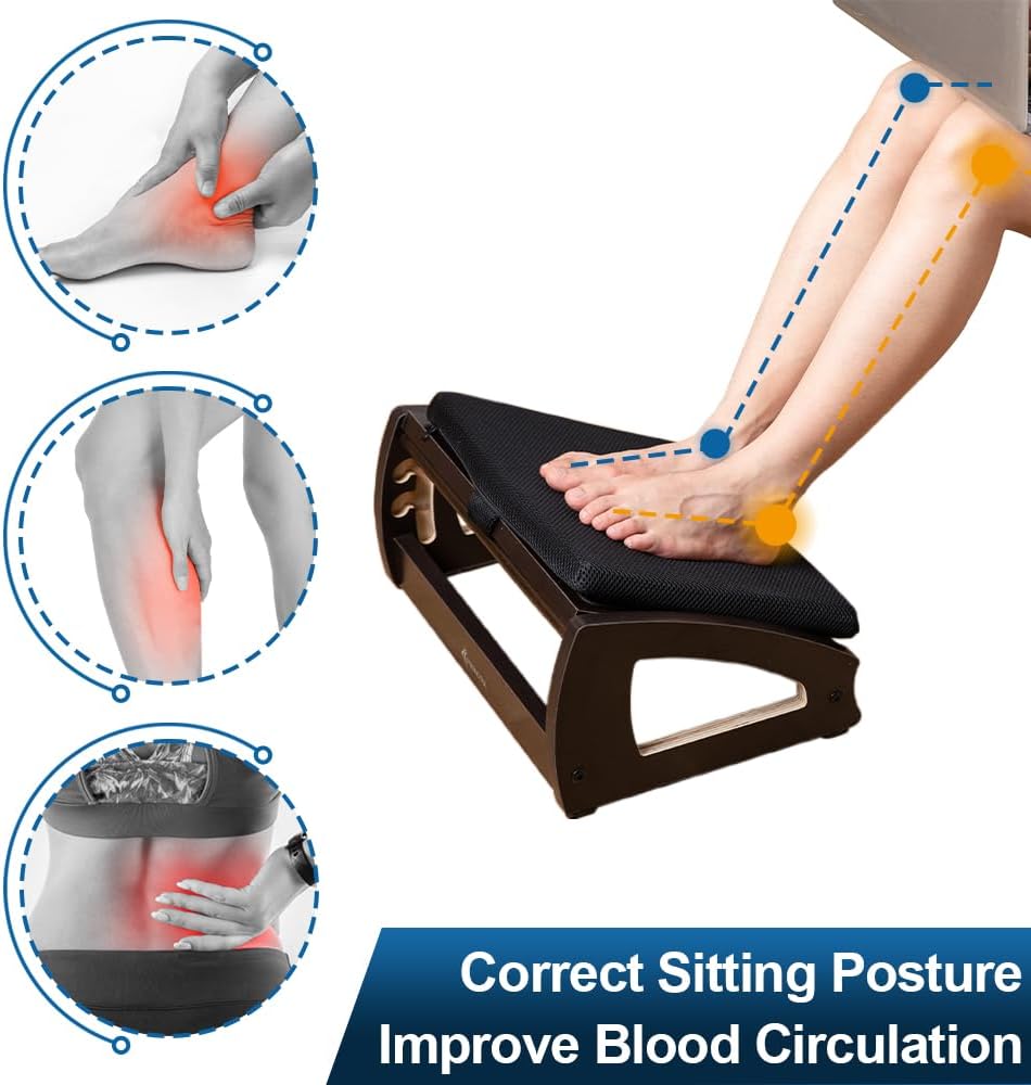Wooden Under Desk Footrest, 4 Heights, 400 lb, Office Foot Rest
