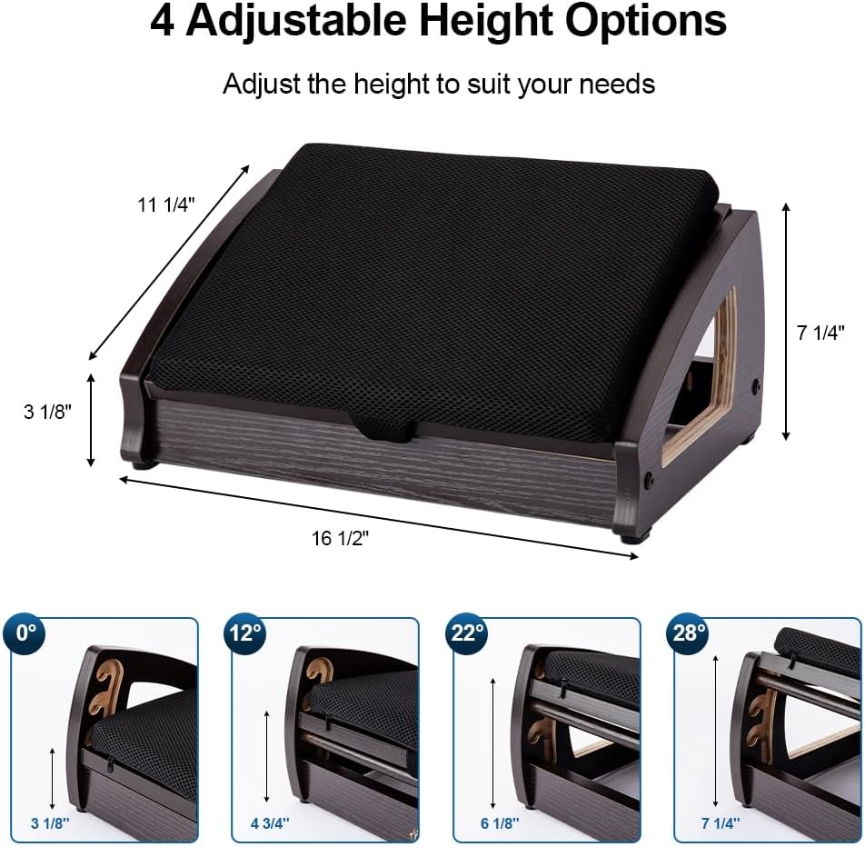 Wooden Under Desk Footrest, 4 Heights, 400 lb, Office Foot Rest