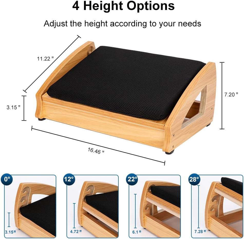 Wooden Under Desk Footrest, 4 Heights, 400 lb, Office Foot Rest