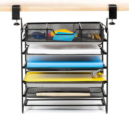 File Organizer 5 Tier Under The Desk File Holder, Clamp On Hanging File Organizer, SPACE SAVING DESIGN File Holder for Office Desk