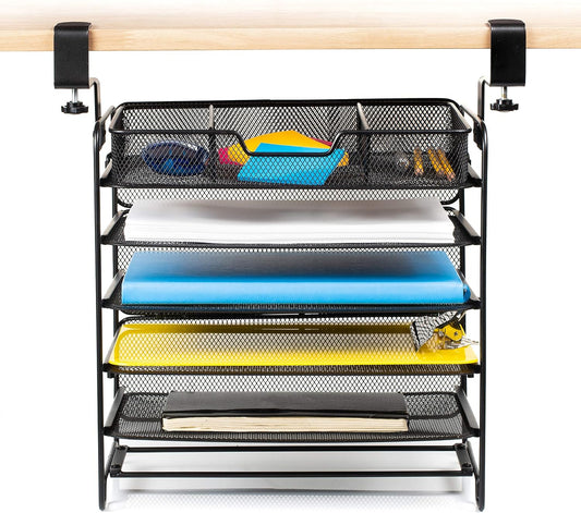 File Organizer 5 Tier Under The Desk File Holder, Clamp On Hanging File Organizer, SPACE SAVING DESIGN File Holder for Office Desk