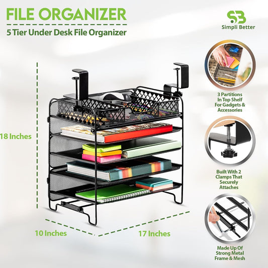 File Organizer 5 Tier Under The Desk File Holder, Clamp On Hanging File Organizer, SPACE SAVING DESIGN File Holder for Office Desk