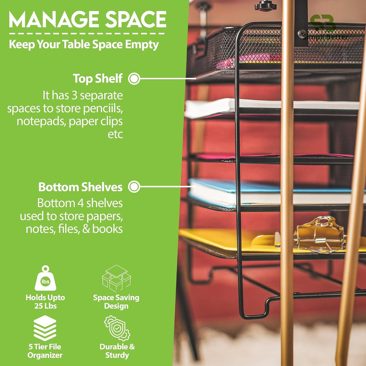 File Organizer 5 Tier Under The Desk File Holder, Clamp On Hanging File Organizer, SPACE SAVING DESIGN File Holder for Office Desk