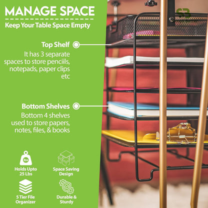 File Organizer 5 Tier Under The Desk File Holder, Clamp On Hanging File Organizer, SPACE SAVING DESIGN File Holder for Office Desk