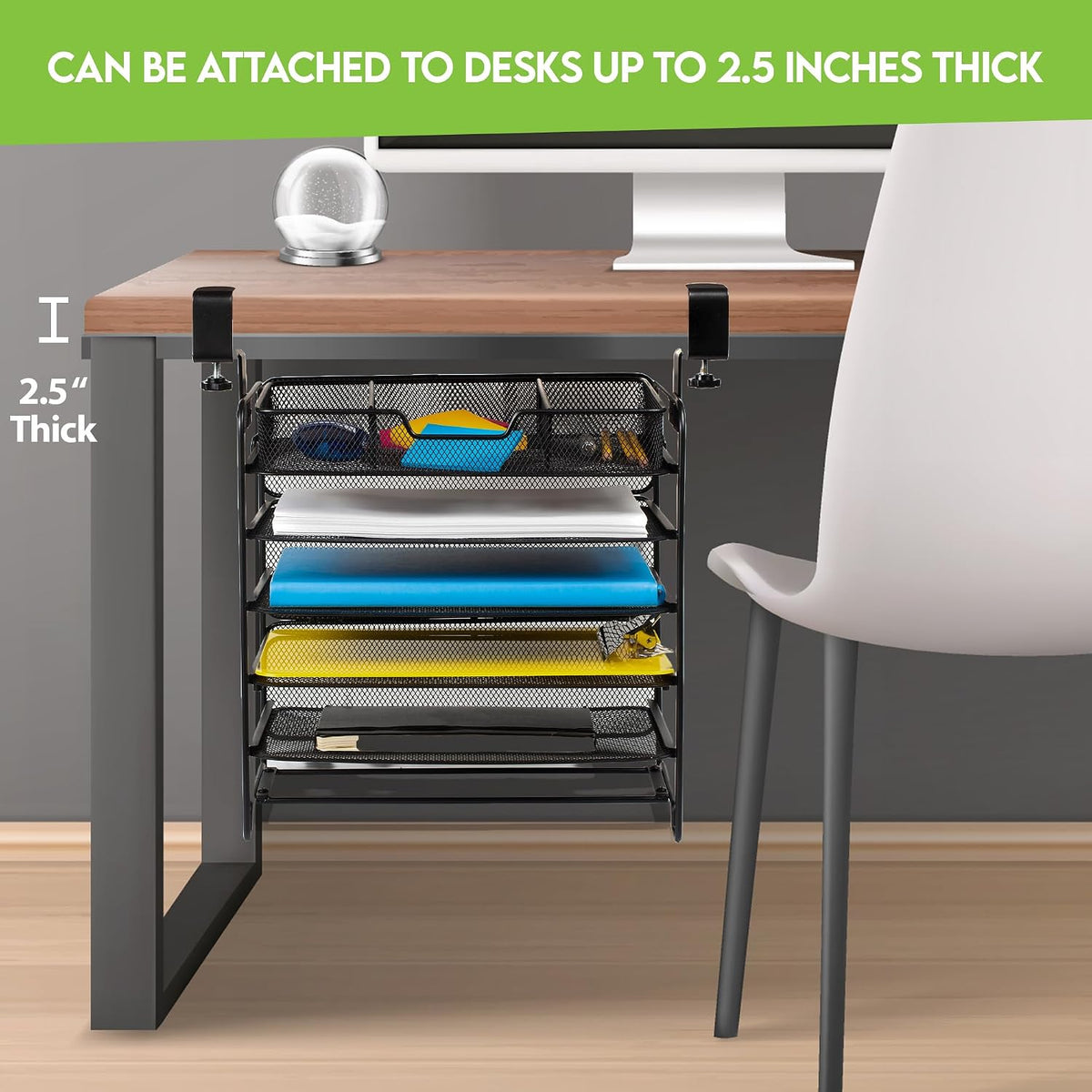 File Organizer 5 Tier Under The Desk File Holder, Clamp On Hanging File Organizer, SPACE SAVING DESIGN File Holder for Office Desk