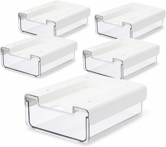 RHBLME 5 Pack Under Desk Drawer, Under Shelf Drawers Slide Out Self-Adhesive Standing Desk Drawer Attachment, Plastic Workspace Organizers for Office Home School