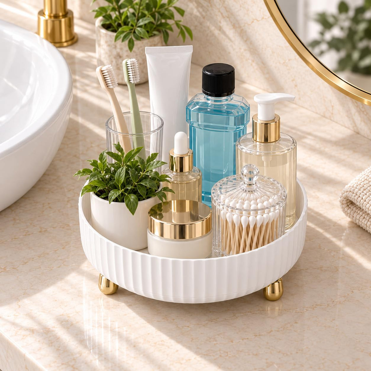 360 Rotating Makeup Perfume Organizer Skincare Tray, Small Ivory White