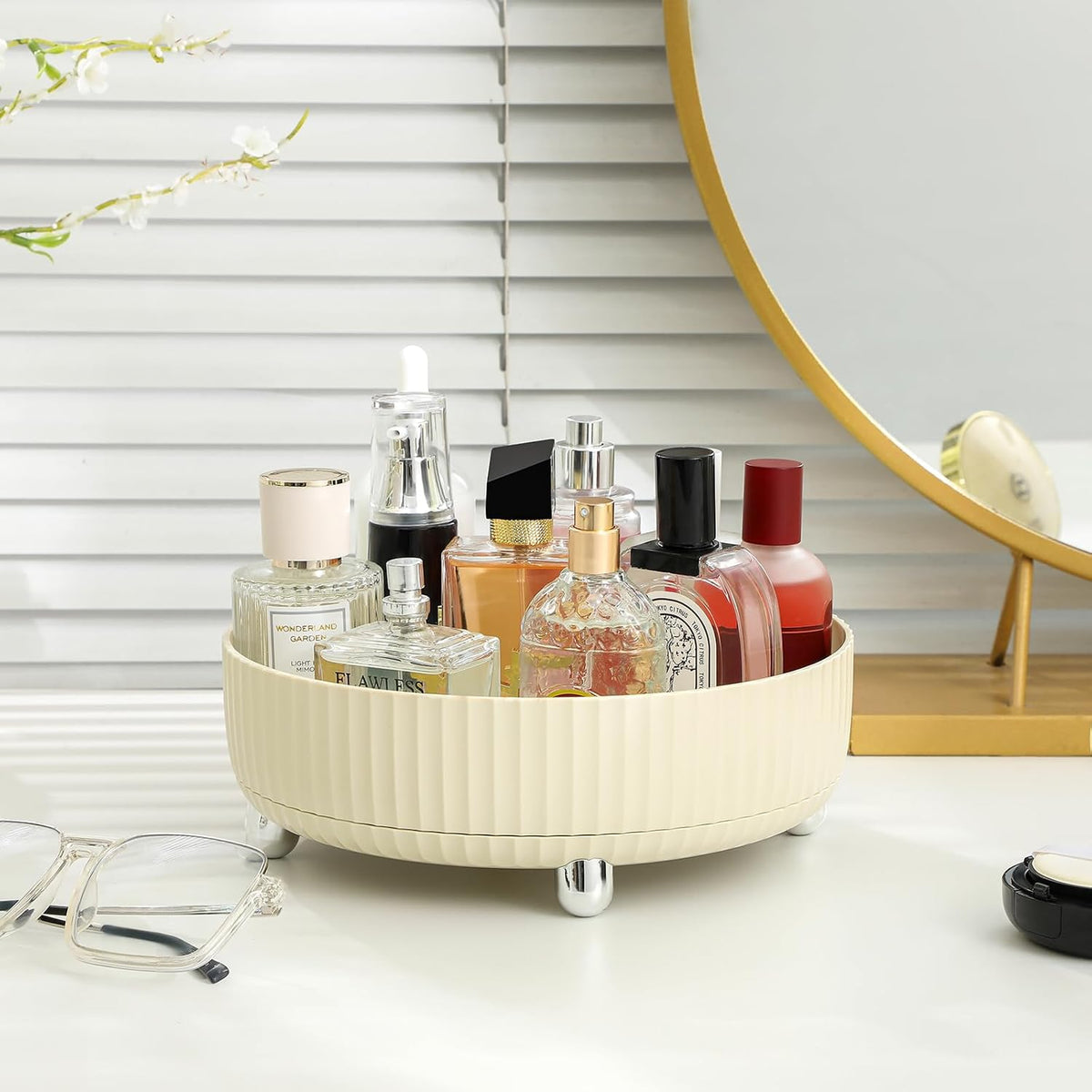 360 Rotating Makeup Perfume Organizer Skincare Tray, Small Ivory White