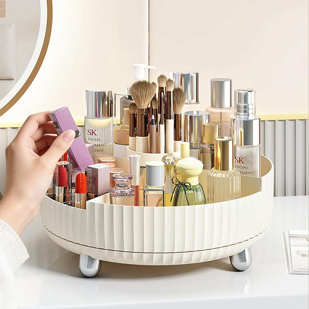 360 Rotating Makeup Perfume Organizer Skincare Tray, Small Ivory White