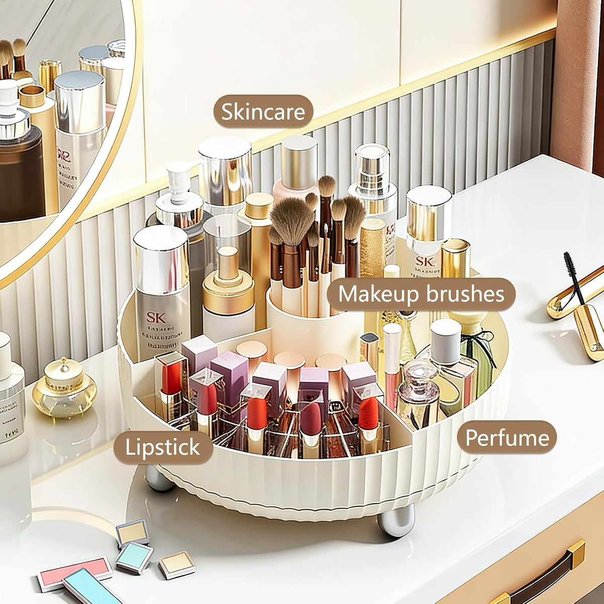 360 Rotating Makeup Perfume Organizer Skincare Tray, Small Ivory White