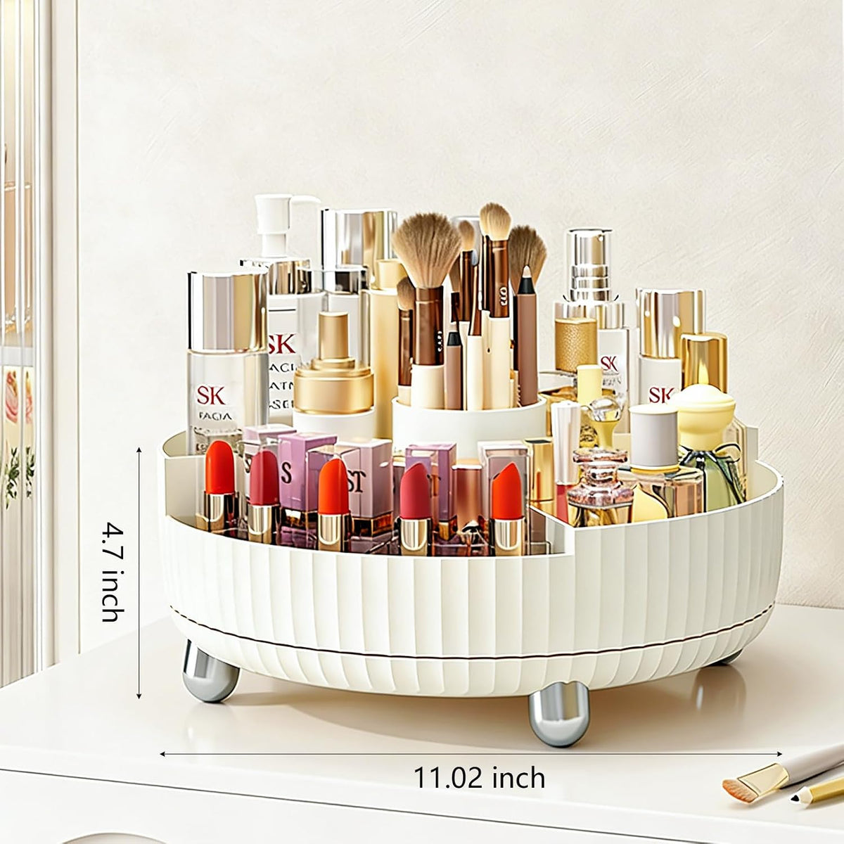360 Rotating Makeup Perfume Organizer Skincare Tray, Small Ivory White