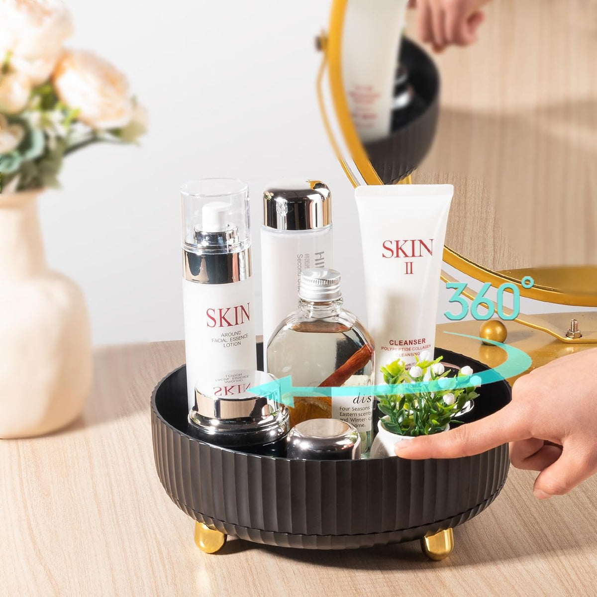 360 Rotating Makeup Perfume Organizer Skincare Tray, Small Ivory White