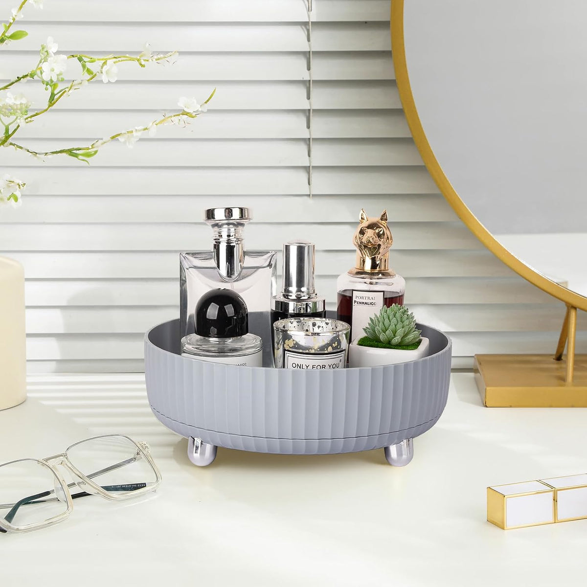 360 Rotating Makeup Perfume Organizer Skincare Tray, Small Ivory White