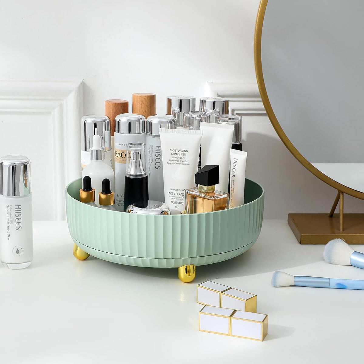 360 Rotating Makeup Perfume Organizer Skincare Tray, Small Ivory White