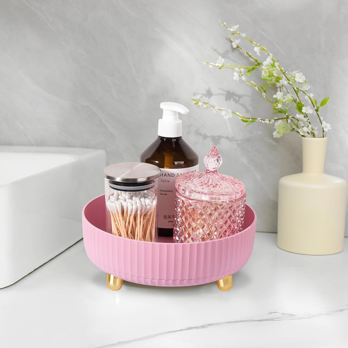 360 Rotating Makeup Perfume Organizer Skincare Tray, Small Ivory White