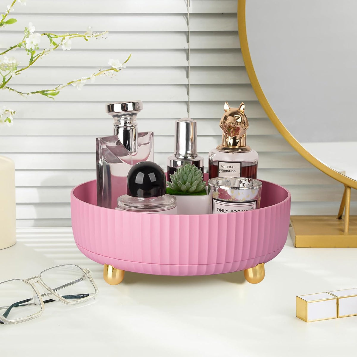 360 Rotating Makeup Perfume Organizer Skincare Tray, Small Ivory White