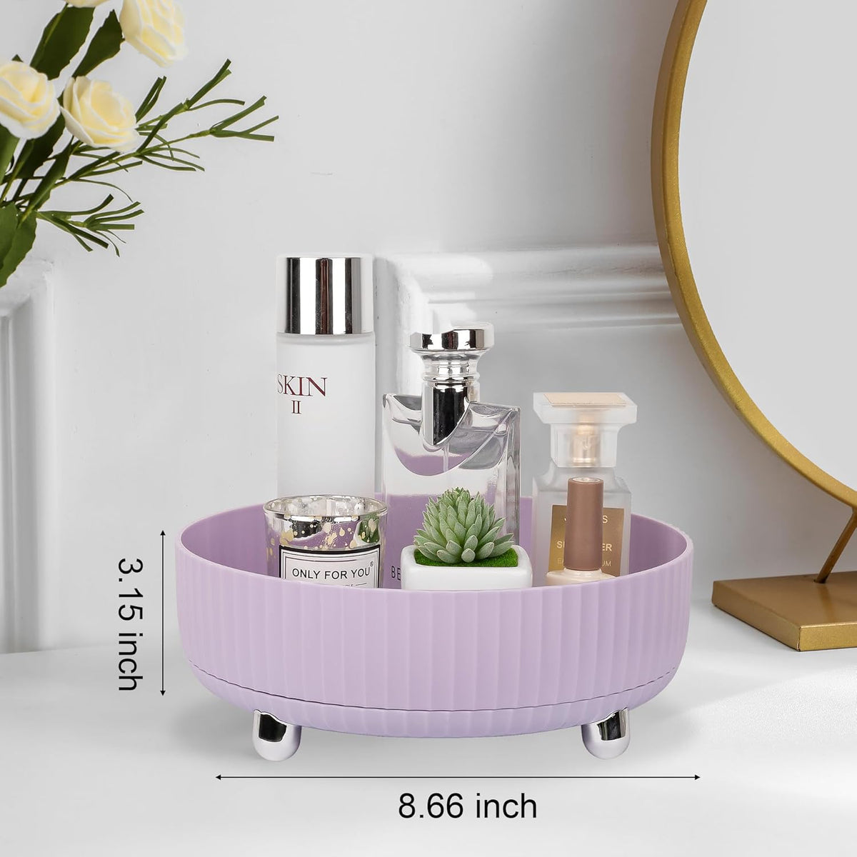 360 Rotating Makeup Perfume Organizer Skincare Tray, Small Ivory White