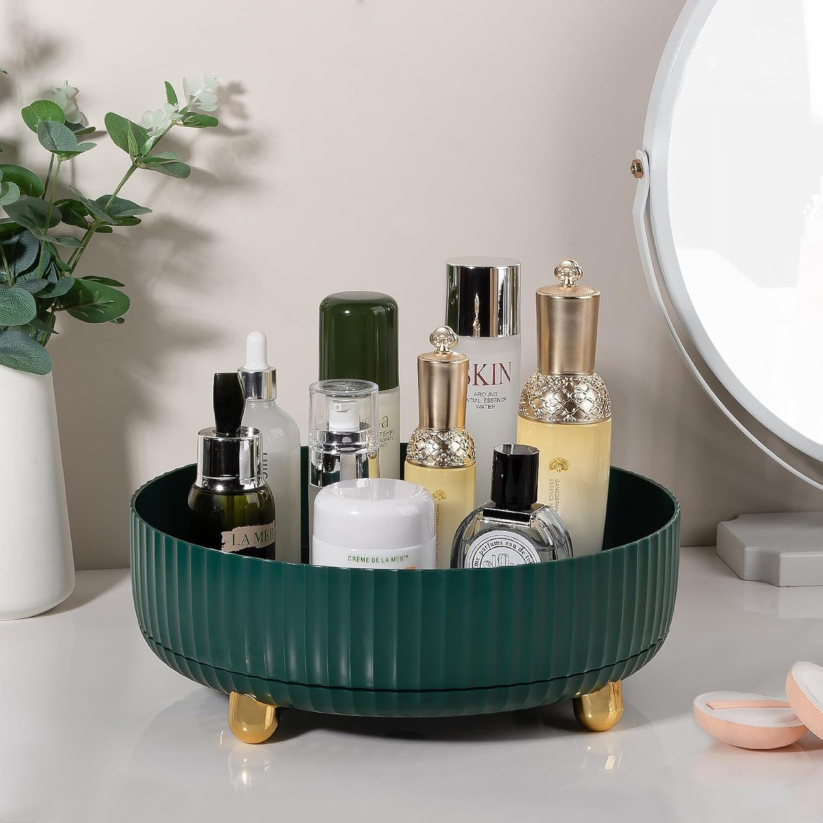 360 Rotating Makeup Perfume Organizer Skincare Tray, Small Ivory White