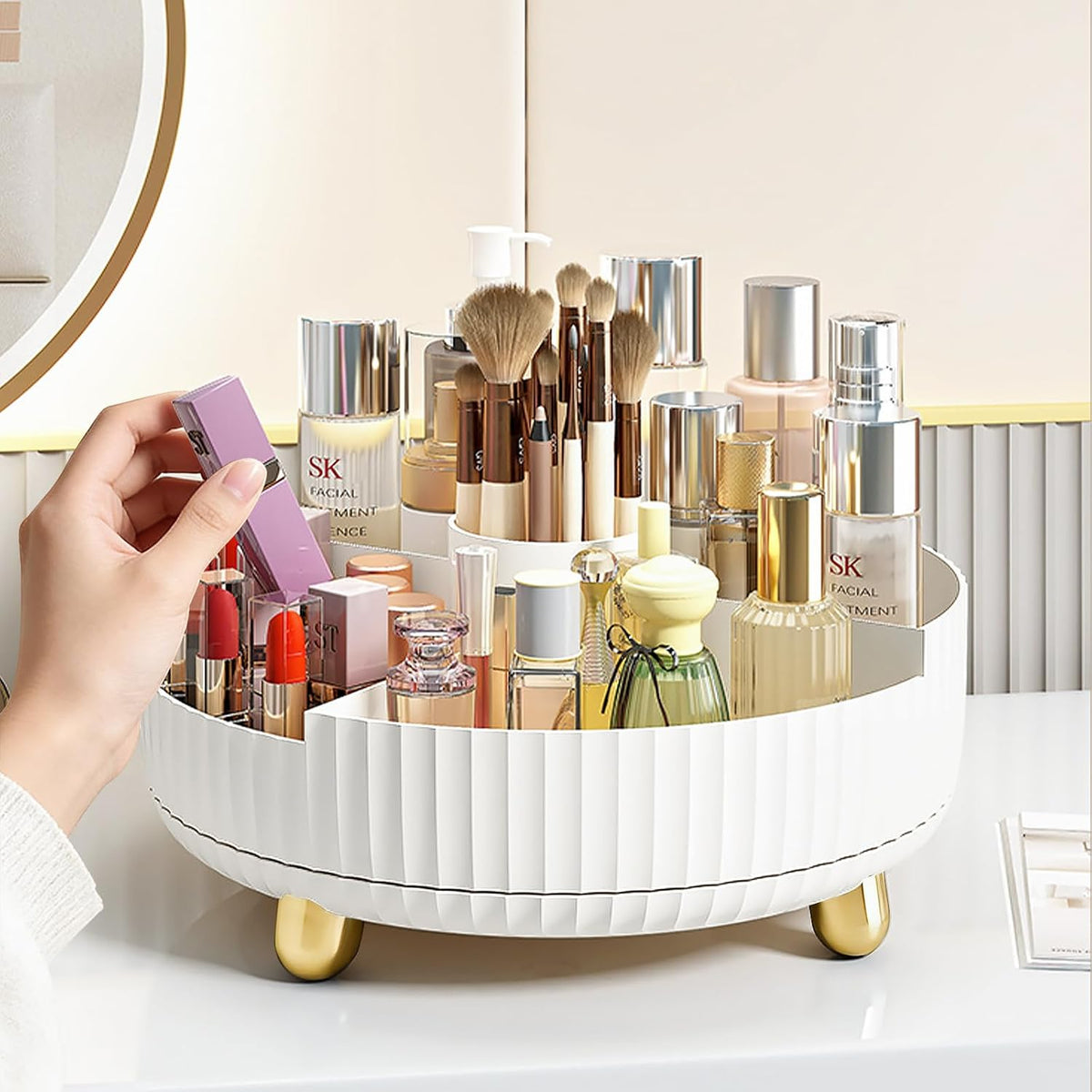 360 Rotating Makeup Perfume Organizer Skincare Tray, Small Ivory White