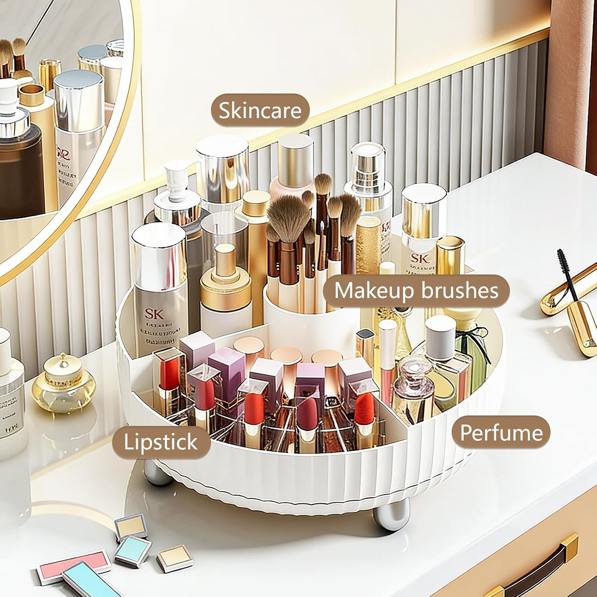 360 Rotating Makeup Perfume Organizer Skincare Tray, Small Ivory White