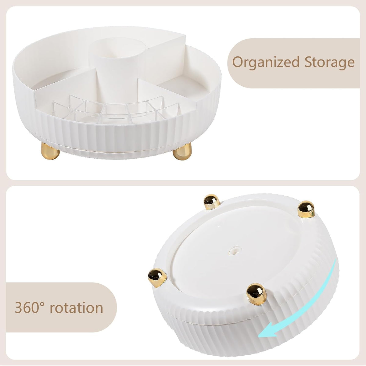 360 Rotating Makeup Perfume Organizer Skincare Tray, Small Ivory White