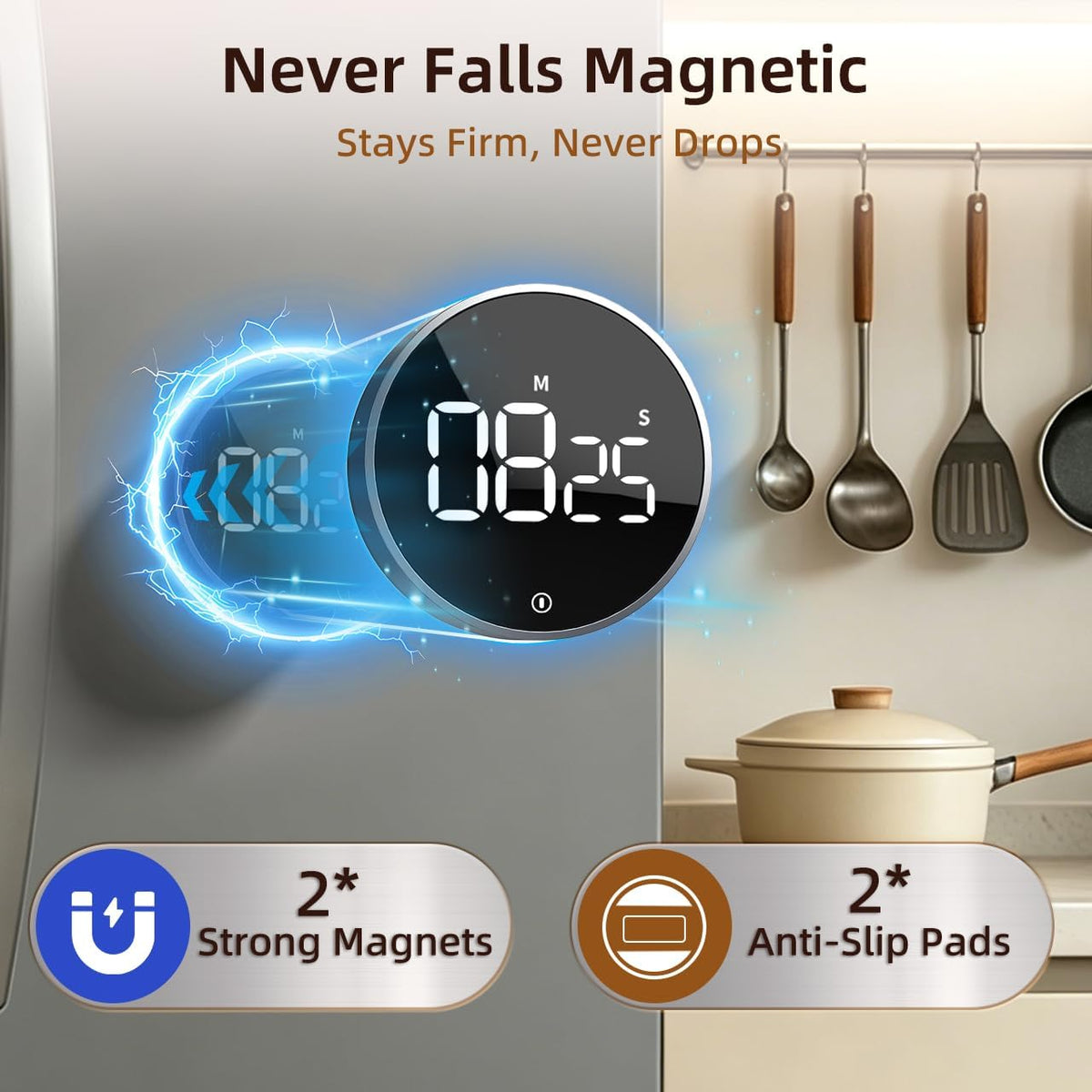 Digital Magnetic Kitchen Timer & Stopwatch with LED Display, Space Gray