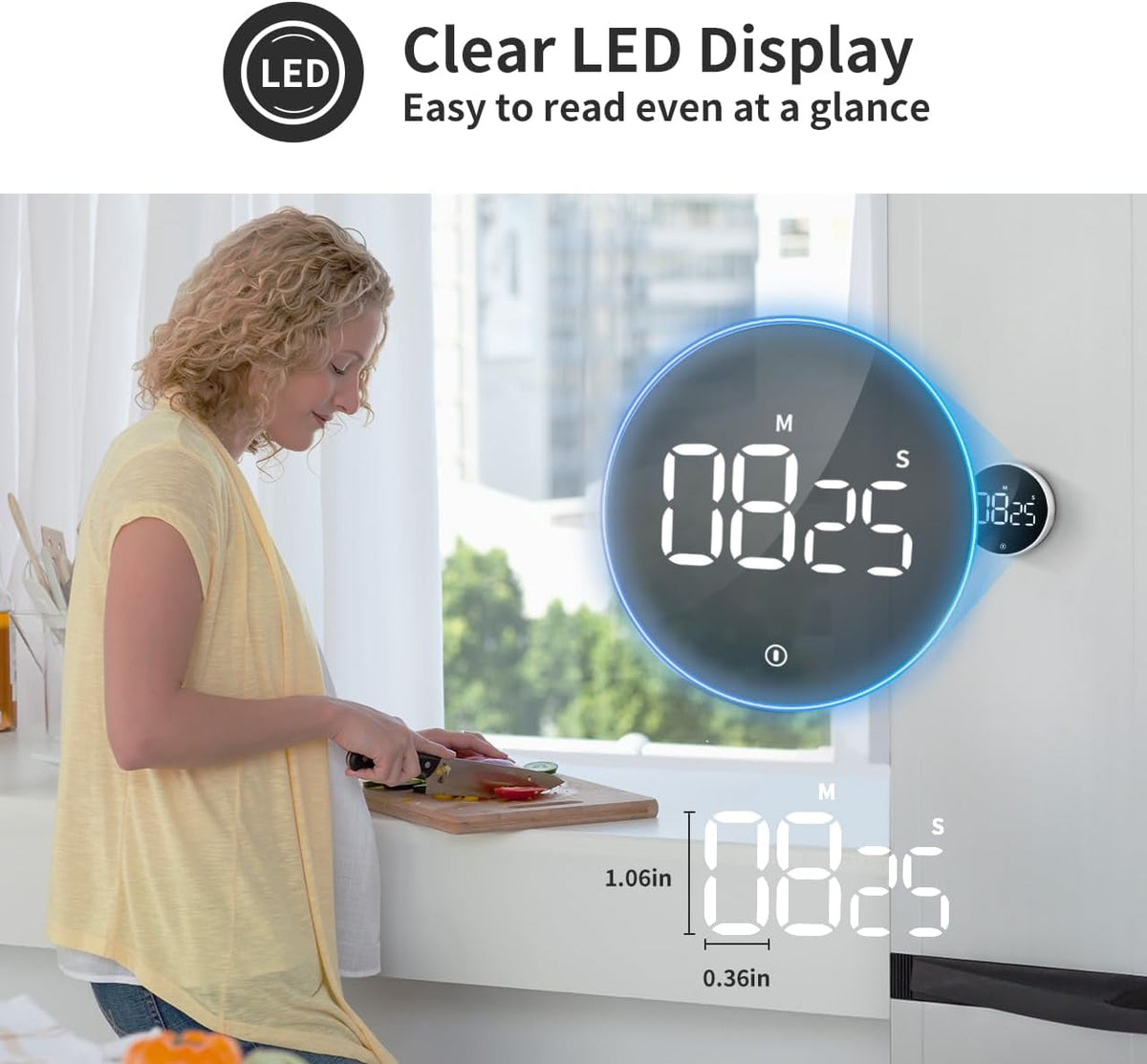 Digital Magnetic Kitchen Timer & Stopwatch with LED Display, Space Gray