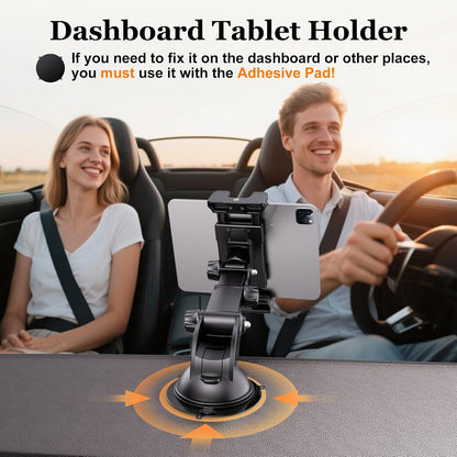 Tablet Holder for Car Dashboard [Suction Cup Mount] Windshield Wall Desk, Adjustable Stand for 5-13" iPad mini Air Pro Galaxy Tab S9 Phone - Heavy Duty Truck Accessories (9" Arm)