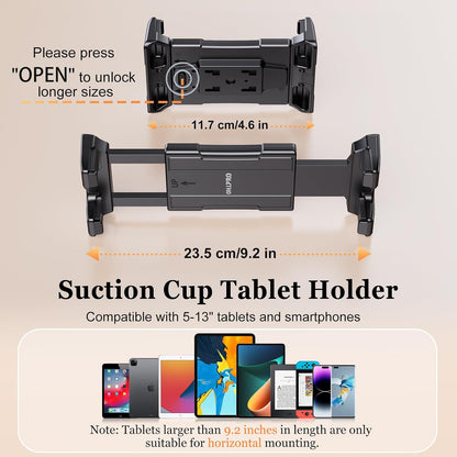 Tablet Holder for Car Dashboard [Suction Cup Mount] Windshield Wall Desk, Adjustable Stand for 5-13" iPad mini Air Pro Galaxy Tab S9 Phone - Heavy Duty Truck Accessories (9" Arm)