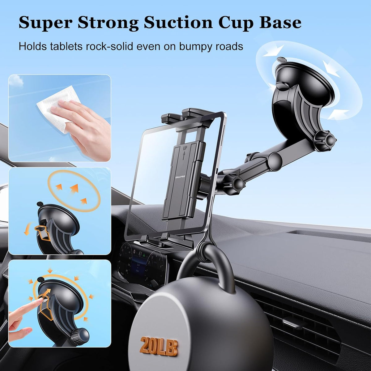 Tablet Holder for Car Dashboard [Suction Cup Mount] Windshield Wall Desk, Adjustable Stand for 5-13" iPad mini Air Pro Galaxy Tab S9 Phone - Heavy Duty Truck Accessories (9" Arm)