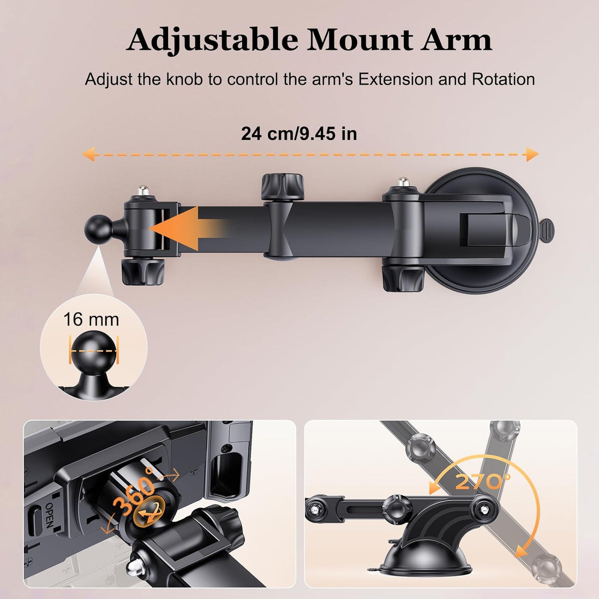 Tablet Holder for Car Dashboard [Suction Cup Mount] Windshield Wall Desk, Adjustable Stand for 5-13" iPad mini Air Pro Galaxy Tab S9 Phone - Heavy Duty Truck Accessories (9" Arm)