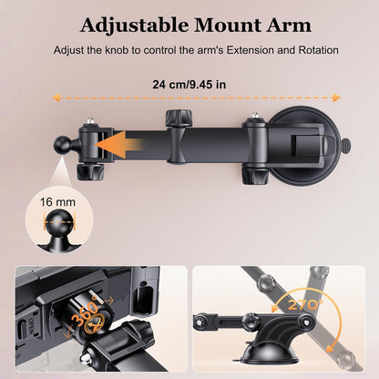 Tablet Holder for Car Dashboard [Suction Cup Mount] Windshield Wall Desk, Adjustable Stand for 5-13" iPad mini Air Pro Galaxy Tab S9 Phone - Heavy Duty Truck Accessories (9" Arm)