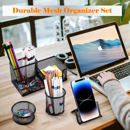 Pen Holder for Desk, Desk Organizers Set-3 Compartments Mesh Pencil Holder with Pencil Pen Cup and Paper Clip holder, Desk Accessories for Marker Craft, Ideal Office School Supplies(3 pack, Black)