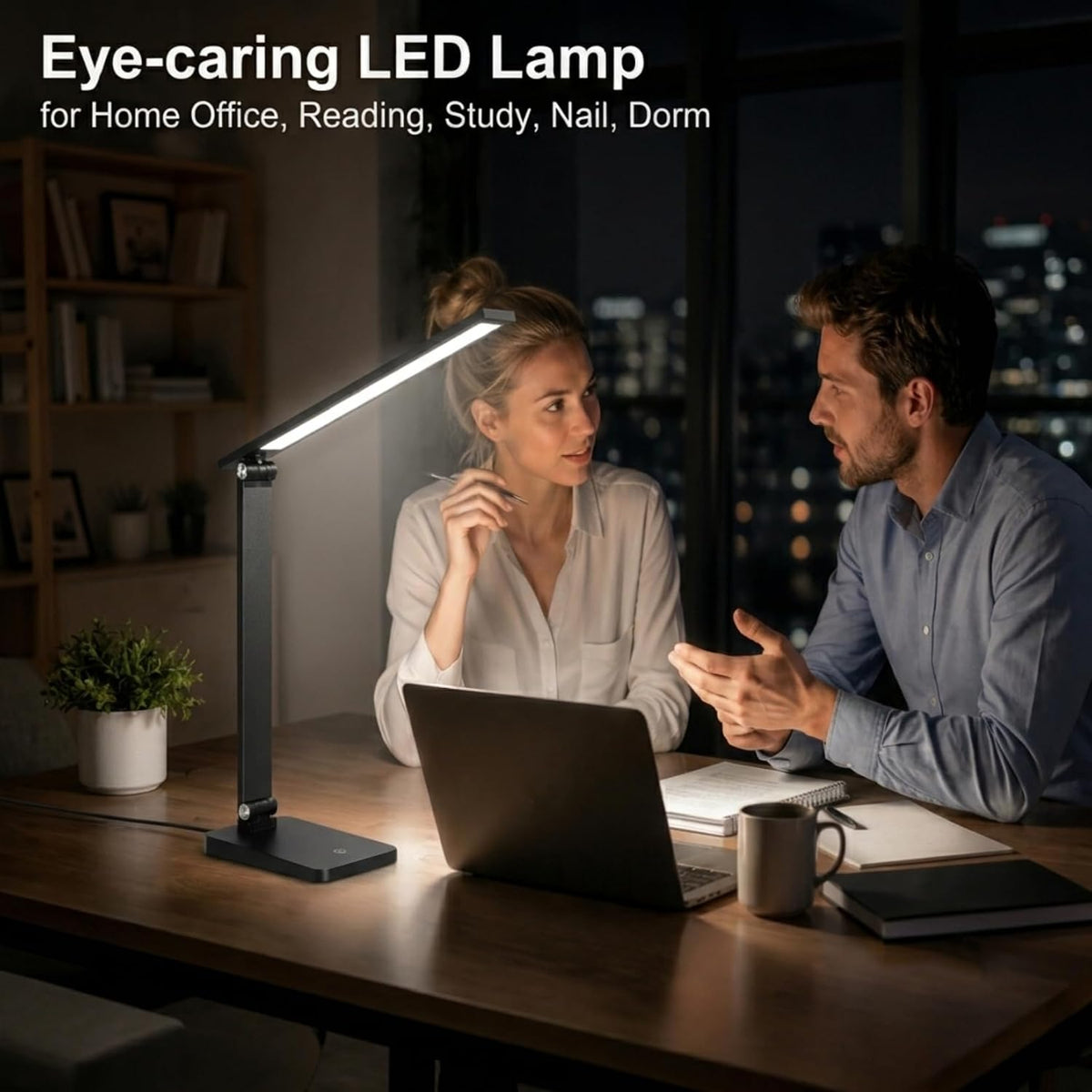 LED Desk Lamp for Home Office, 3 Levels Dimmable Desk Light with USB Charging Port, Small Study Lamp, Reading Light for Table, Black, 5000K