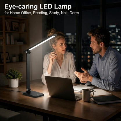 LED Desk Lamp for Home Office, 3 Levels Dimmable Desk Light with USB Charging Port, Small Study Lamp, Reading Light for Table, Black, 5000K