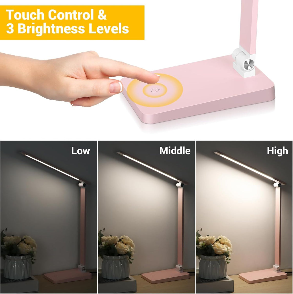 LED Desk Lamp for Home Office, 3 Levels Dimmable Desk Light with USB Charging Port, Small Study Lamp, Reading Light for Table, Black, 5000K