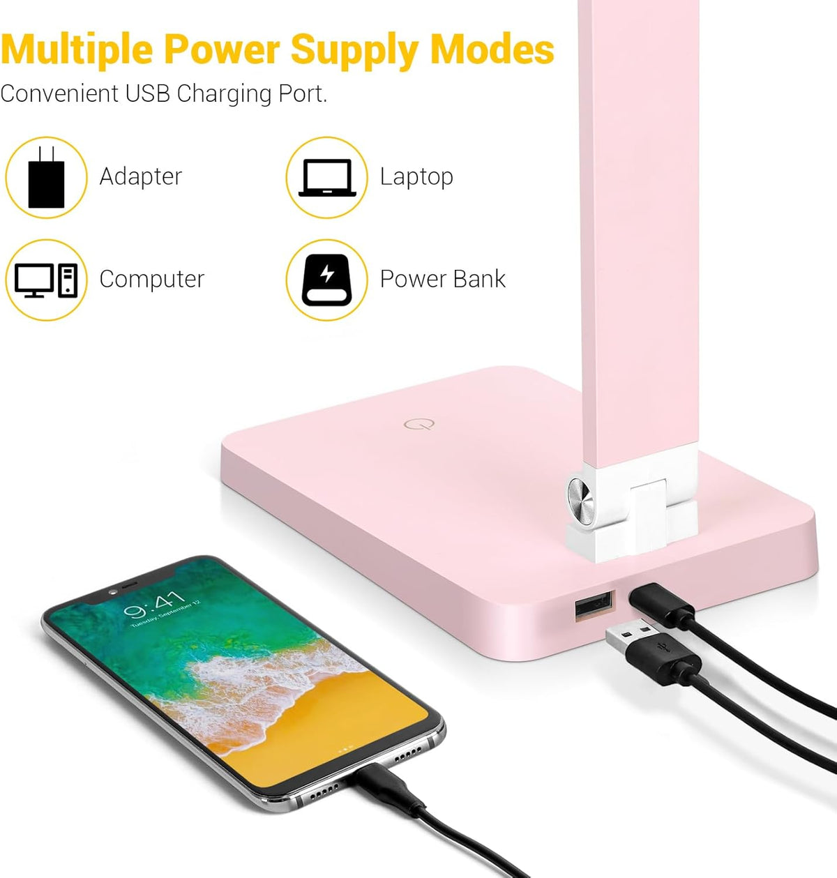 LED Desk Lamp for Home Office, 3 Levels Dimmable Desk Light with USB Charging Port, Small Study Lamp, Reading Light for Table, Black, 5000K