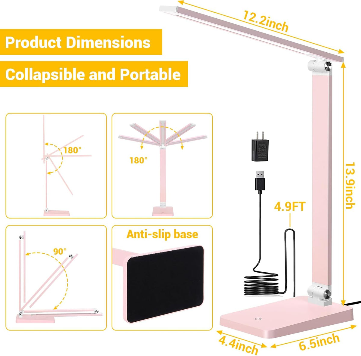 LED Desk Lamp for Home Office, 3 Levels Dimmable Desk Light with USB Charging Port, Small Study Lamp, Reading Light for Table, Black, 5000K