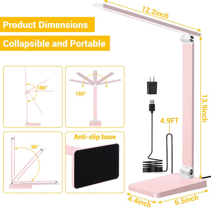 LED Desk Lamp for Home Office, 3 Levels Dimmable Desk Light with USB Charging Port, Small Study Lamp, Reading Light for Table, Black, 5000K