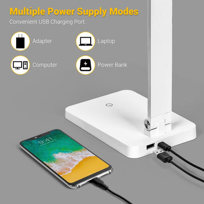 LED Desk Lamp for Home Office, 3 Levels Dimmable Desk Light with USB Charging Port, Small Study Lamp, Reading Light for Table, Black, 5000K